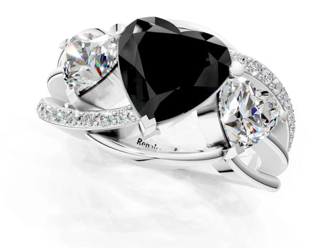 White gold Three-Stone Fancy Black Heart Cut Cut Diamond Split Shank Prong Set Ring_1