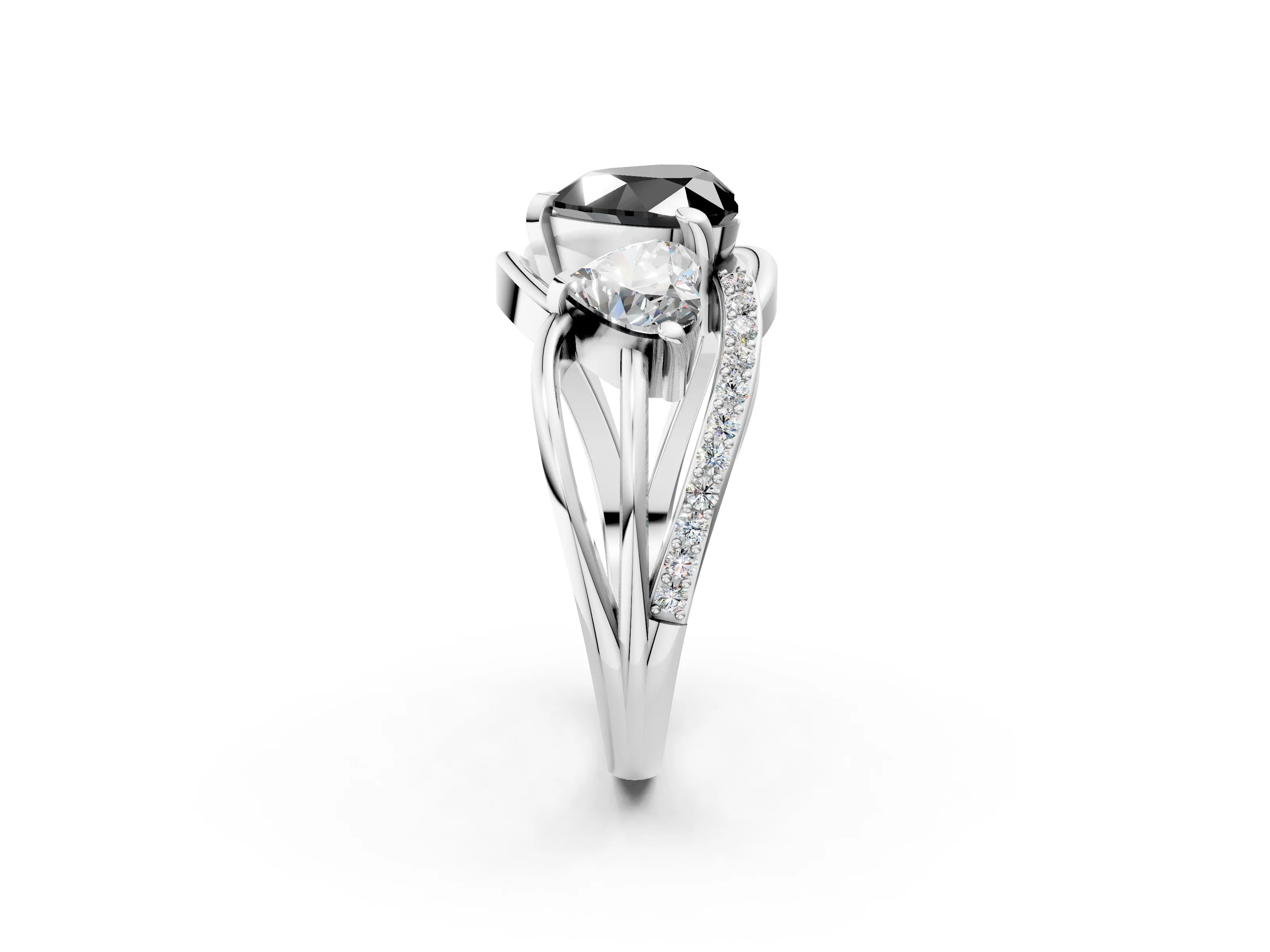 White gold Three-Stone Fancy Black Heart Cut Cut Diamond Split Shank Prong Set Ring_2