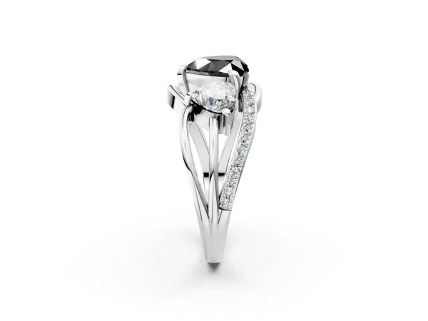 Platinum Heart-Shaped Three Stone Split Shank Engagement Ring Setting for Black Center