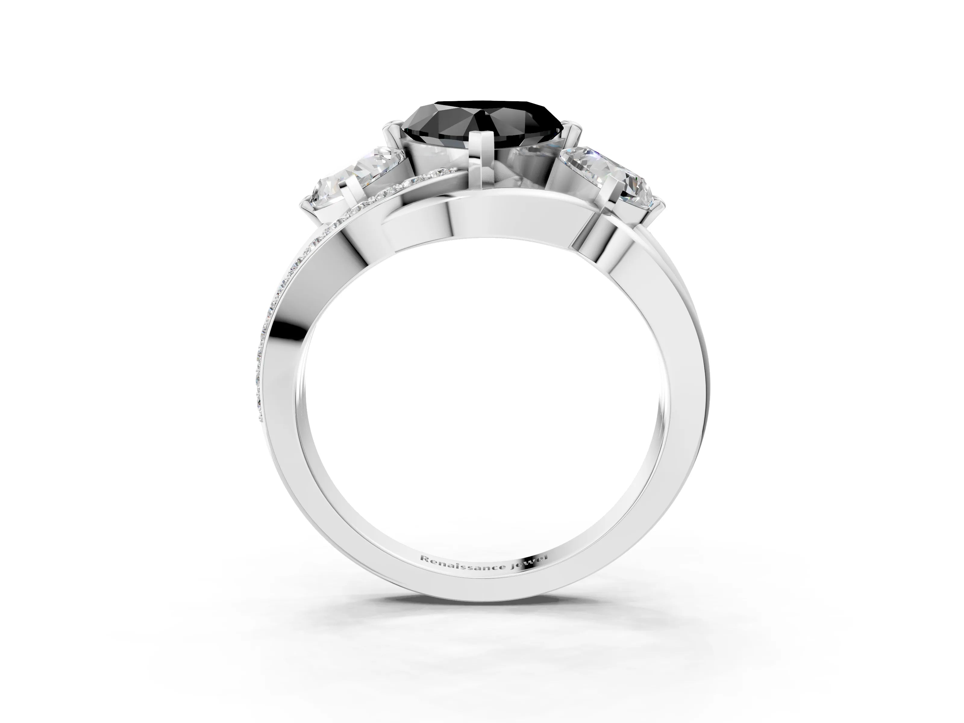 White gold Three-Stone Fancy Black Heart Cut Cut Diamond Split Shank Prong Set Ring_3
