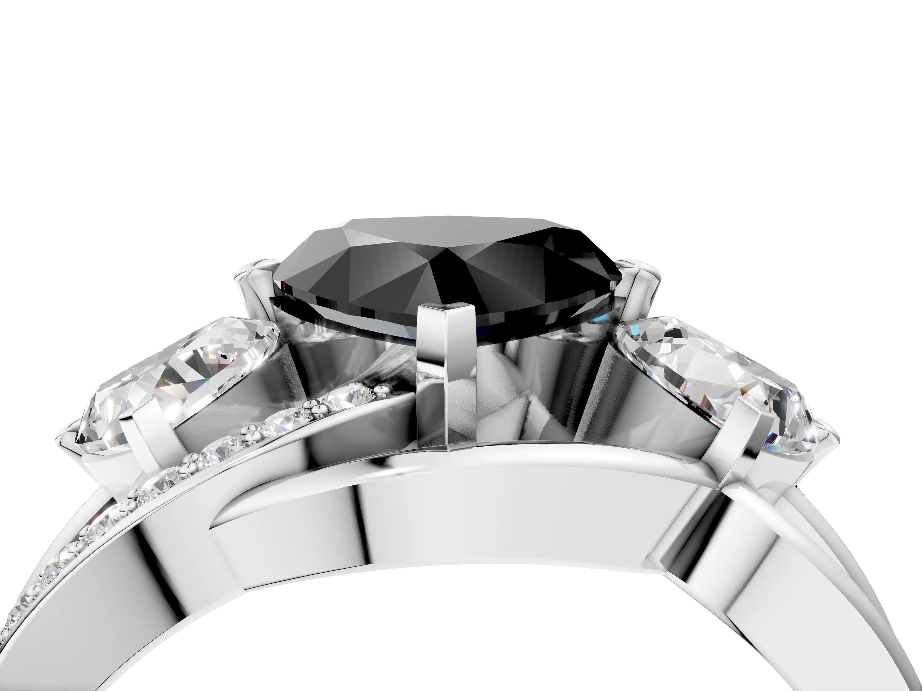 White gold Three-Stone Fancy Black Heart Cut Cut Diamond Split Shank Prong Set Ring_4