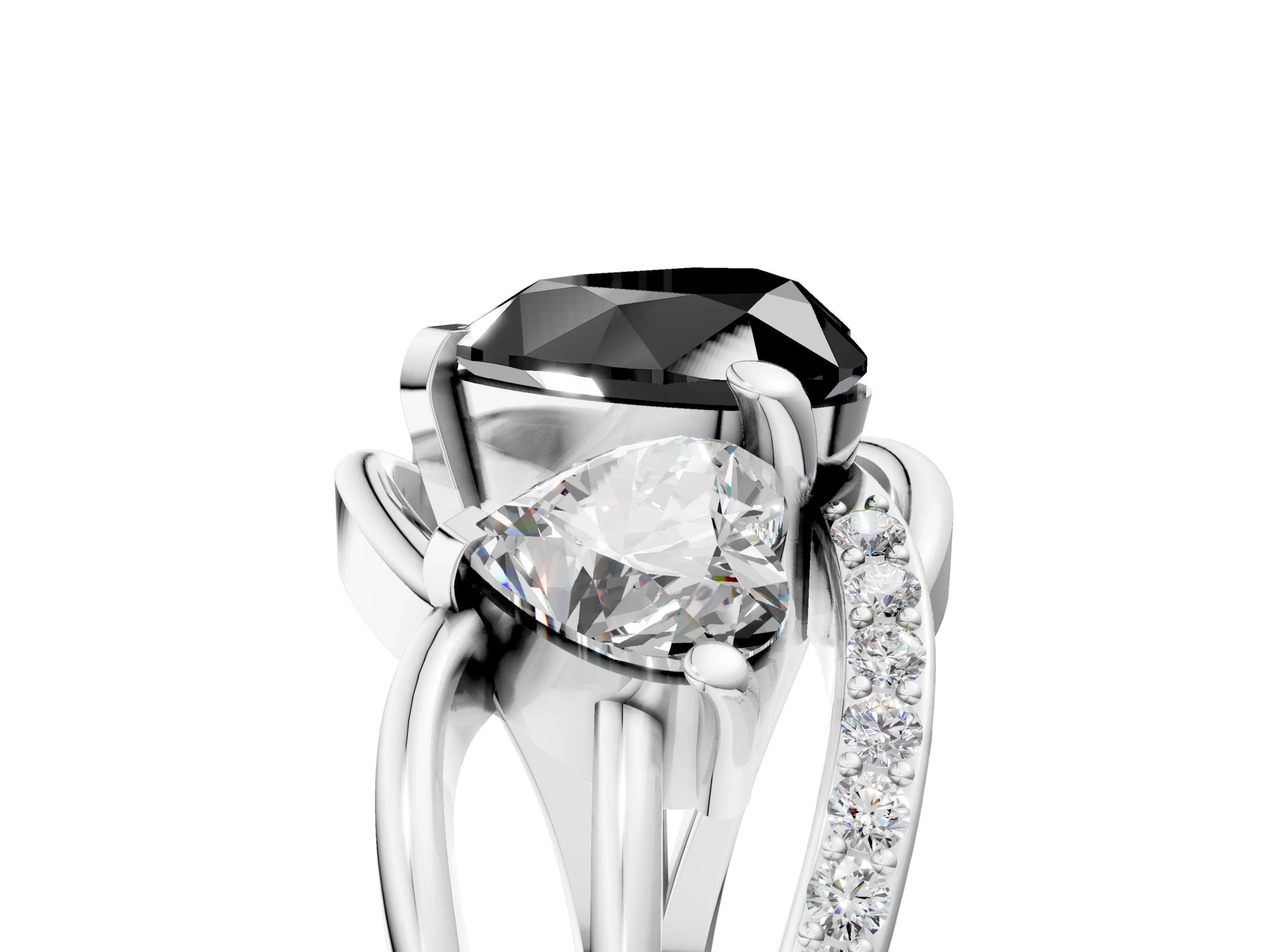 White gold Three-Stone Fancy Black Heart Cut Cut Diamond Split Shank Prong Set Ring_5