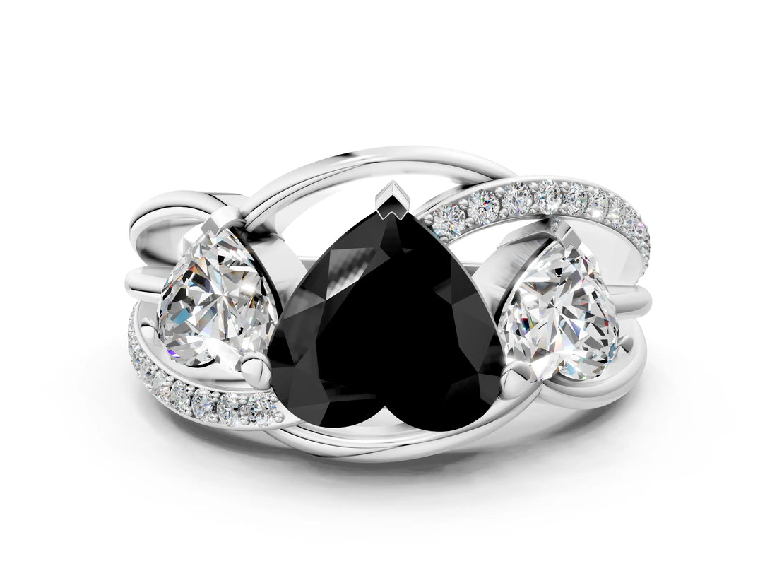 White gold Three-Stone Fancy Black Heart Cut Cut Diamond Split Shank Prong Set Ring
