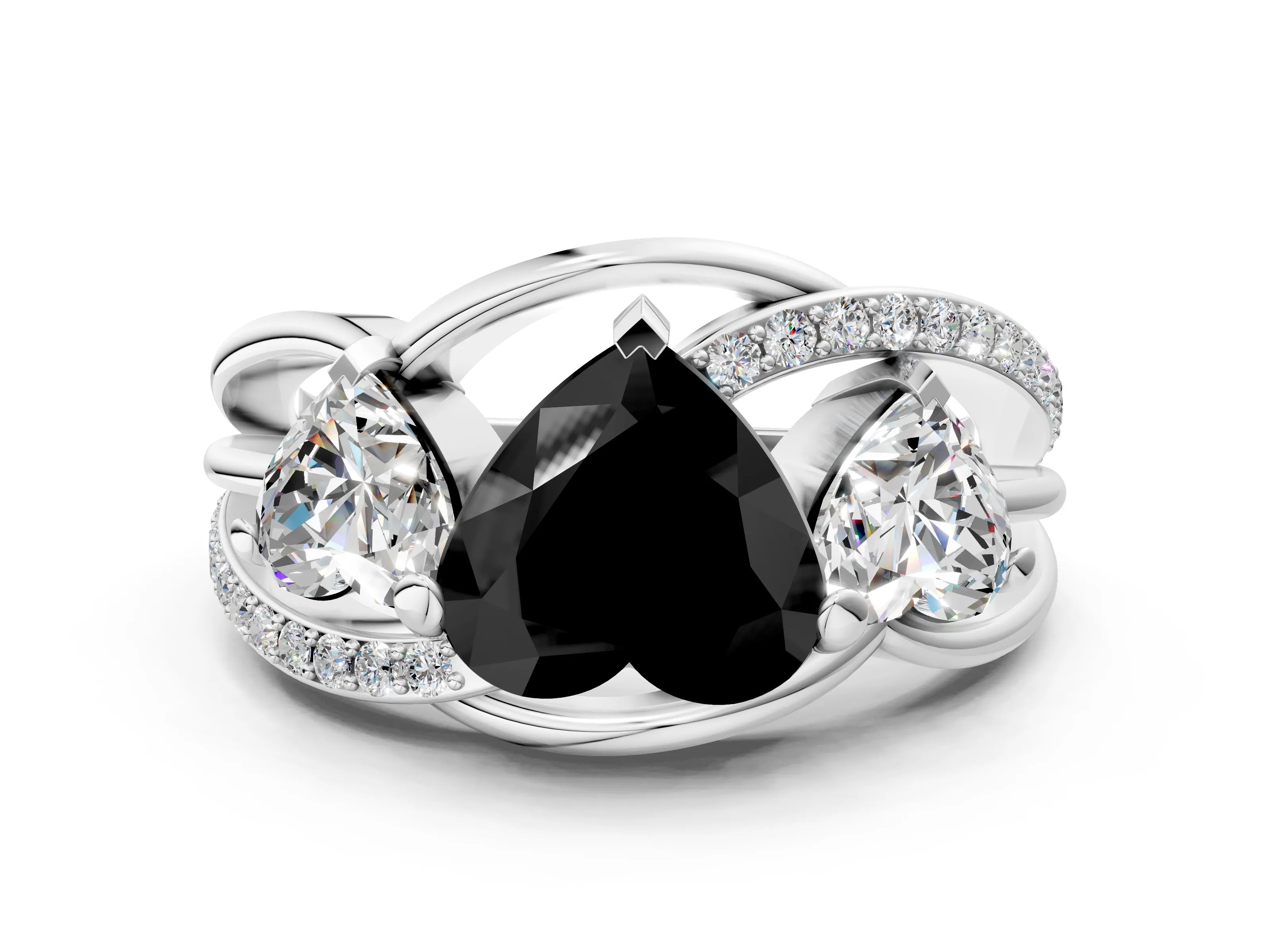 White gold Three-Stone Fancy Black Heart Cut Cut Diamond Split Shank Prong Set Ring