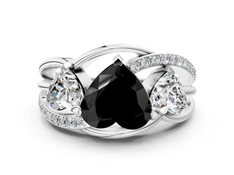 White gold Three-Stone Fancy Black Heart Cut Cut Diamond Split Shank Prong Set Ring