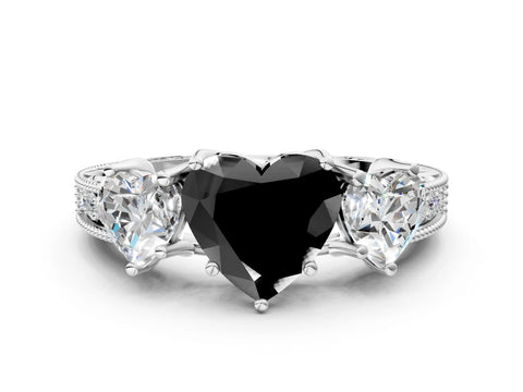 White gold Three-Stone Fancy Black Heart Cut Cut Milgrain Pavé Engagement Ring_12