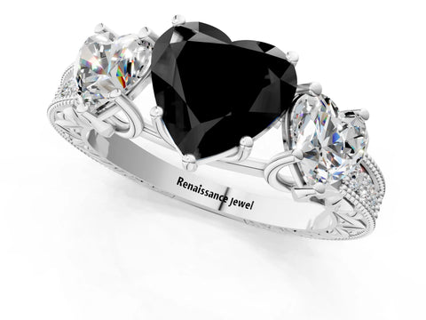 White gold Three-Stone Fancy Black Heart Cut Cut Milgrain Pavé Engagement Ring_13