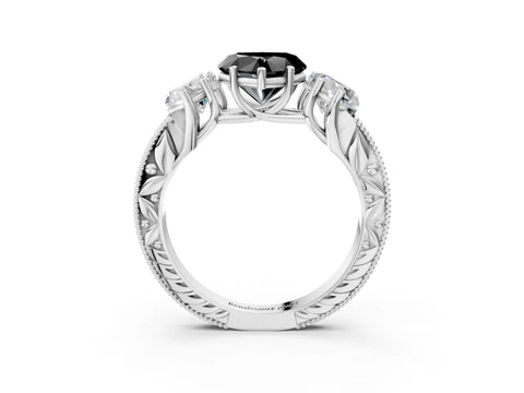 White gold Three-Stone Fancy Black Heart Cut Cut Milgrain Pavé Engagement Ring_15