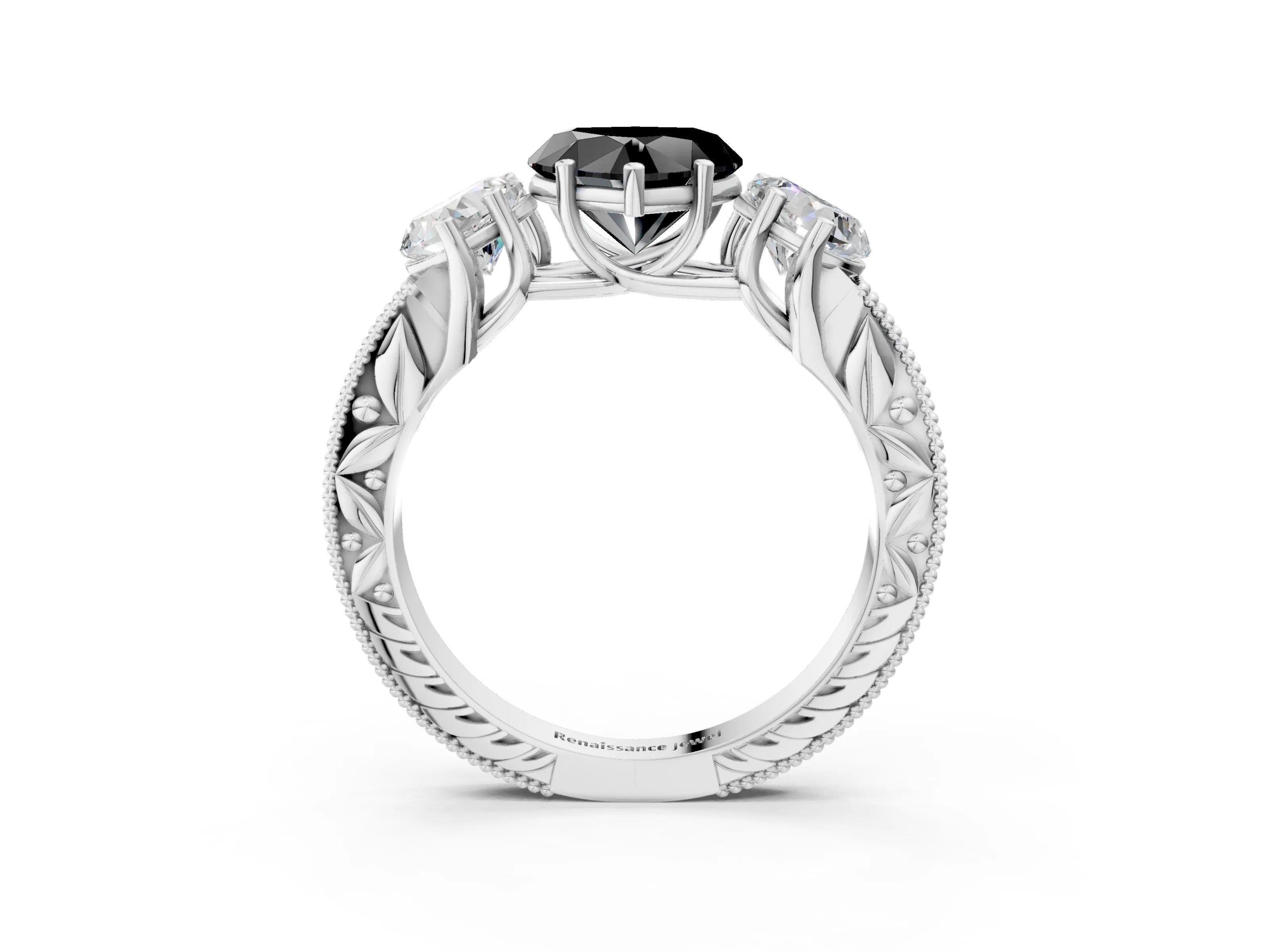 White gold Three-Stone Fancy Black Heart Cut Cut Milgrain Pavé Engagement Ring_15