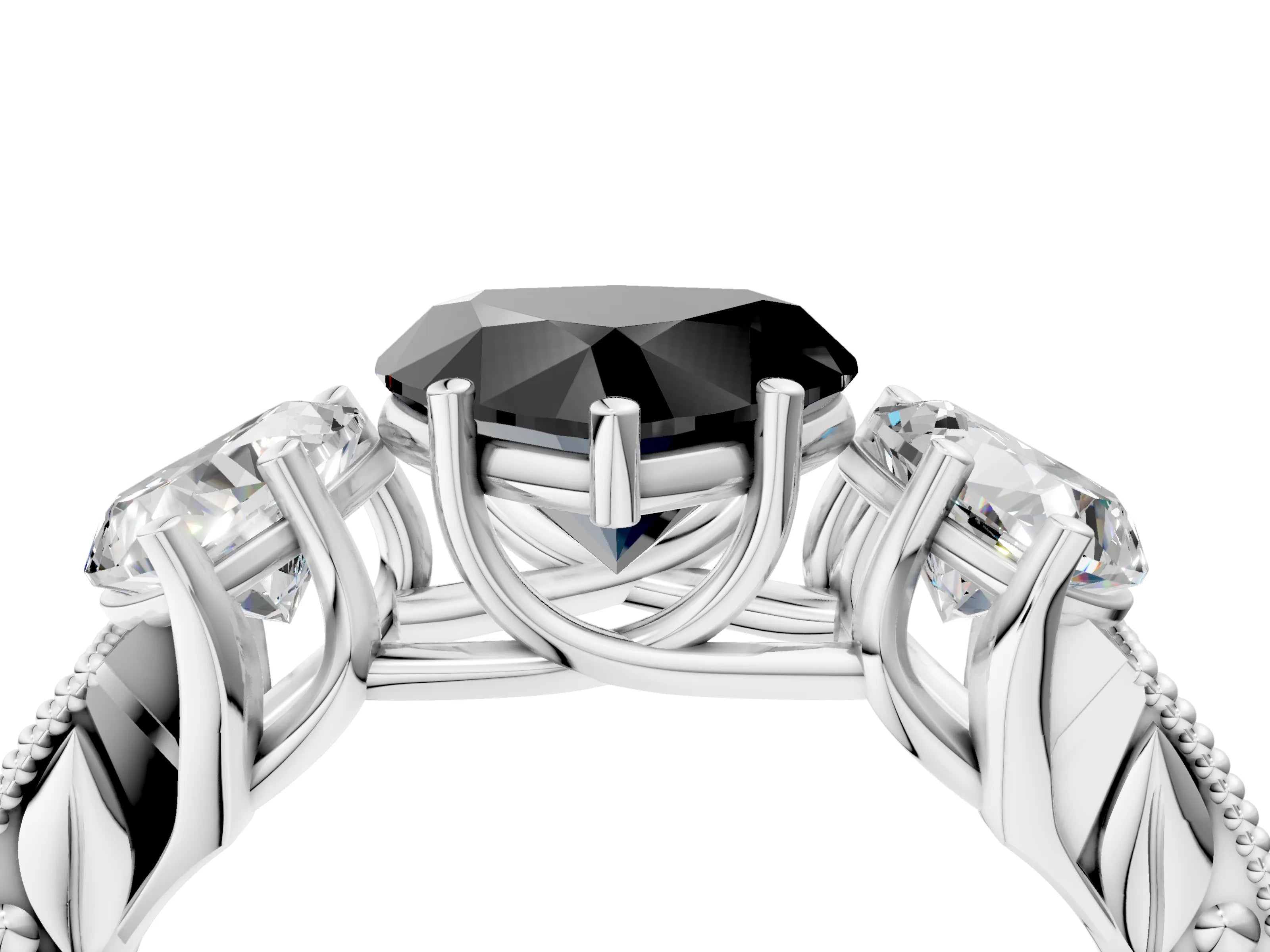 White gold Three-Stone Fancy Black Heart Cut Cut Milgrain Pavé Engagement Ring_16