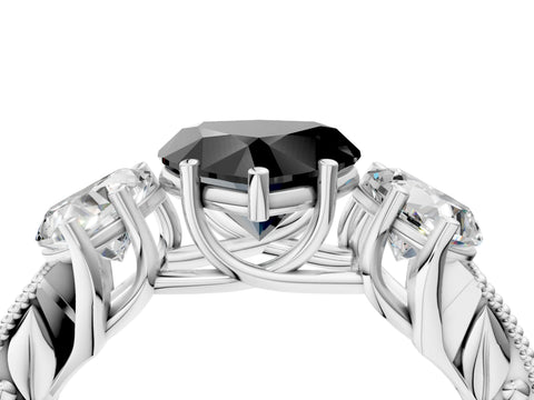 White gold Three-Stone Fancy Black Heart Cut Cut Milgrain Pavé Engagement Ring_16