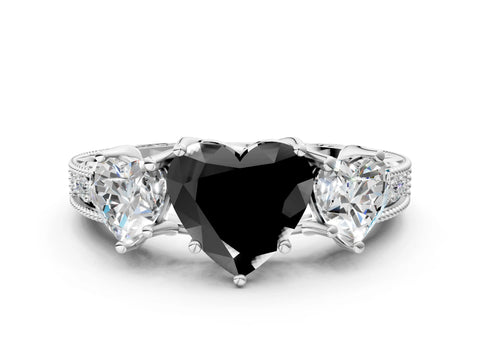 White gold Three-Stone Fancy Black Heart Cut Cut Milgrain Pavé Engagement Ring_18