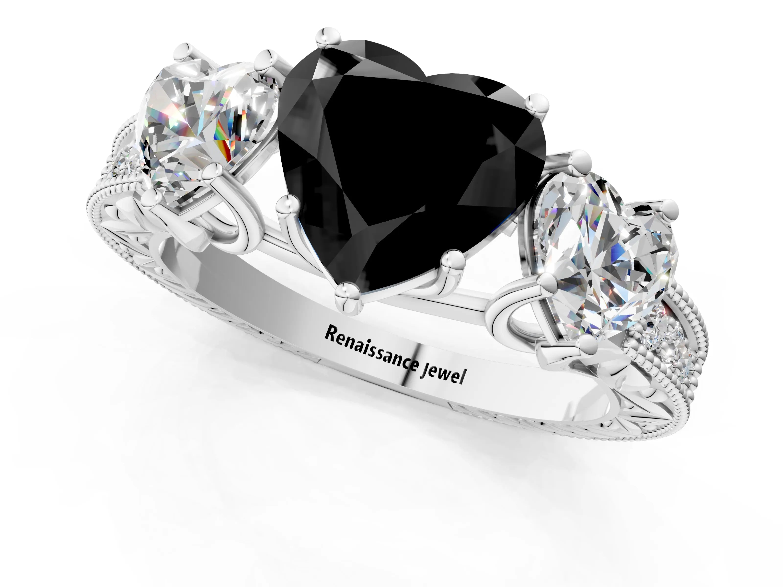 White gold Three-Stone Fancy Black Heart Cut Cut Milgrain Pavé Engagement Ring_19