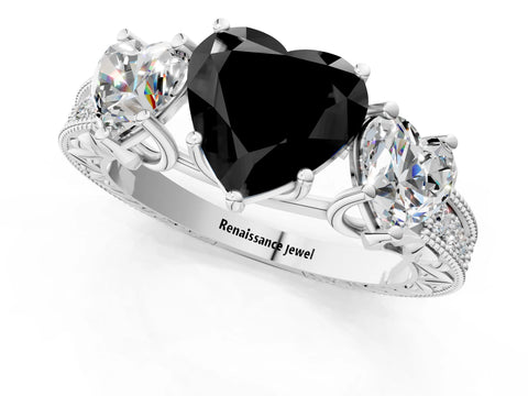 White gold Three-Stone Fancy Black Heart Cut Cut Milgrain Pavé Engagement Ring_19