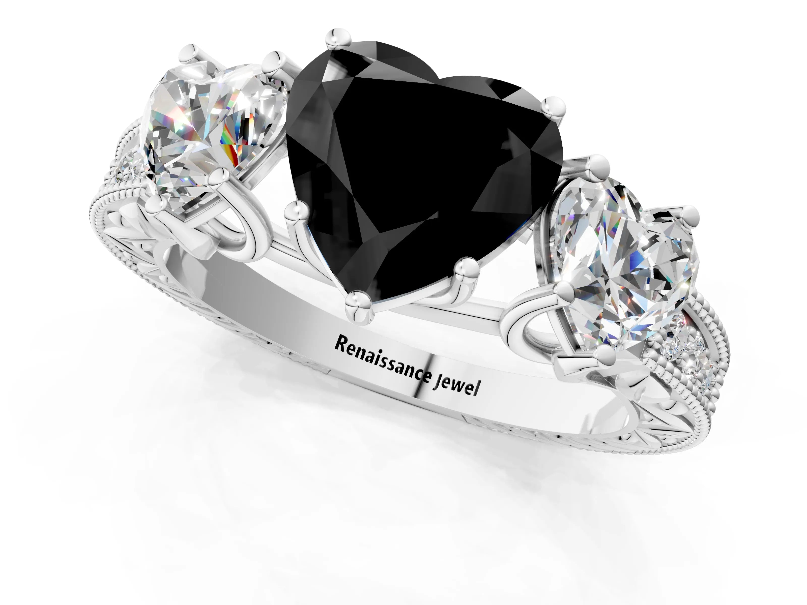 White gold Three-Stone Fancy Black Heart Cut Cut Milgrain Pavé Engagement Ring_1