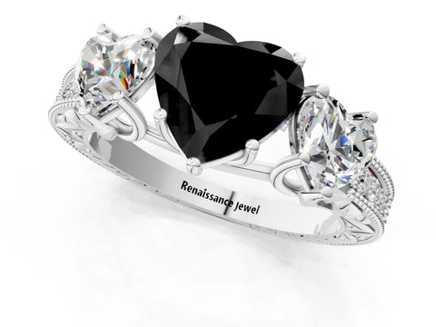 White gold Three-Stone Fancy Black Heart Cut Cut Milgrain Pavé Engagement Ring_1