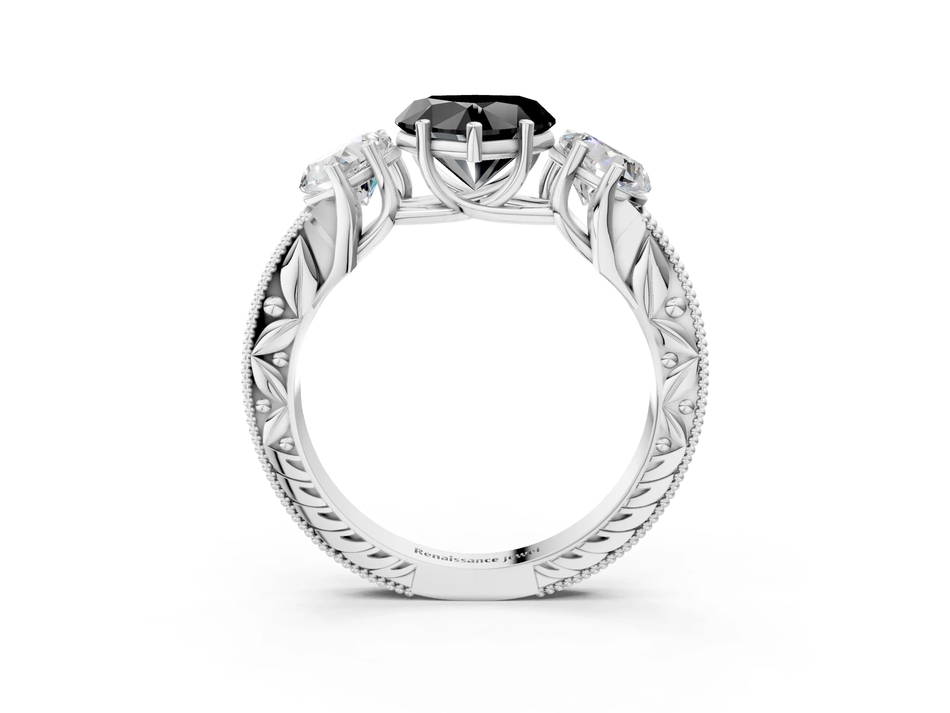 White gold Three-Stone Fancy Black Heart Cut Cut Milgrain Pavé Engagement Ring_21