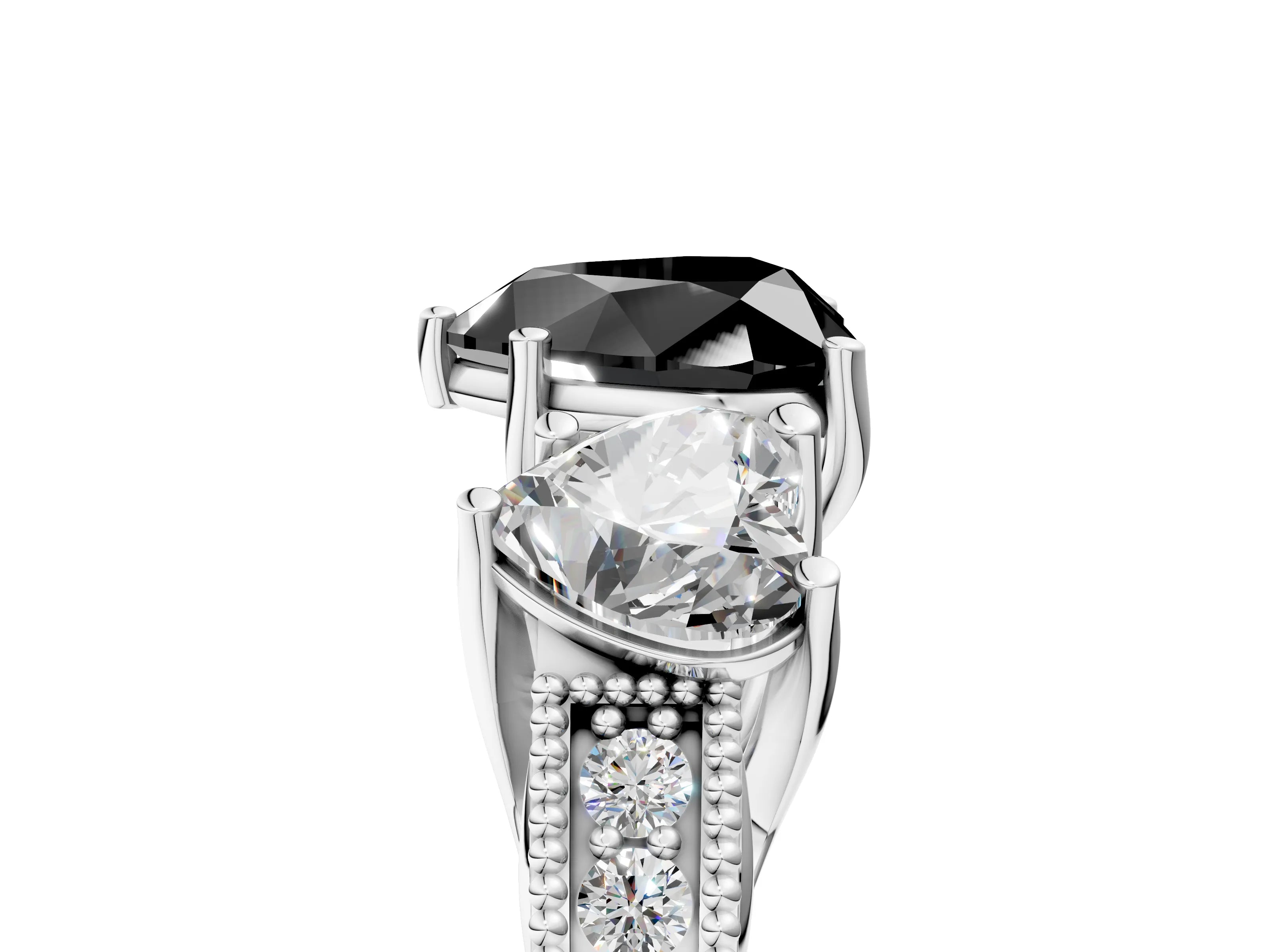 White gold Three-Stone Fancy Black Heart Cut Cut Milgrain Pavé Engagement Ring_23