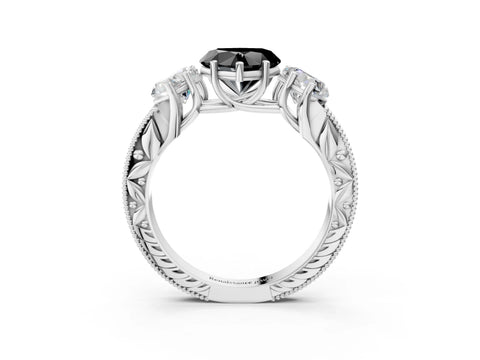 White gold Three-Stone Fancy Black Heart Cut Cut Milgrain Pavé Engagement Ring_24