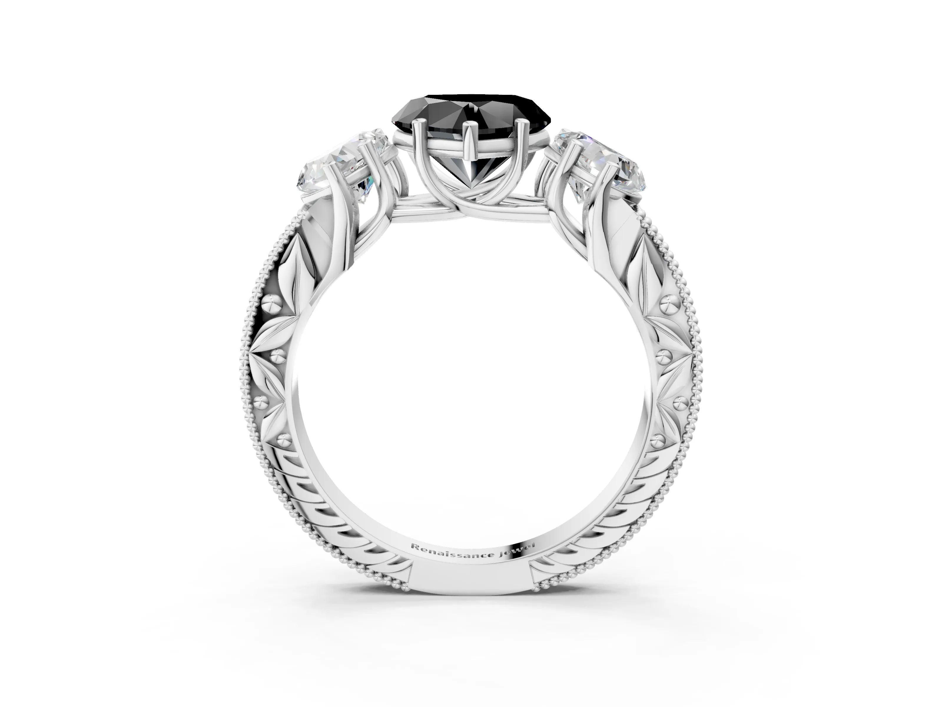White gold Three-Stone Fancy Black Heart Cut Cut Milgrain Pavé Engagement Ring_3