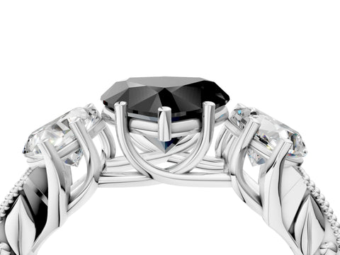 White gold Three-Stone Fancy Black Heart Cut Cut Milgrain Pavé Engagement Ring_4