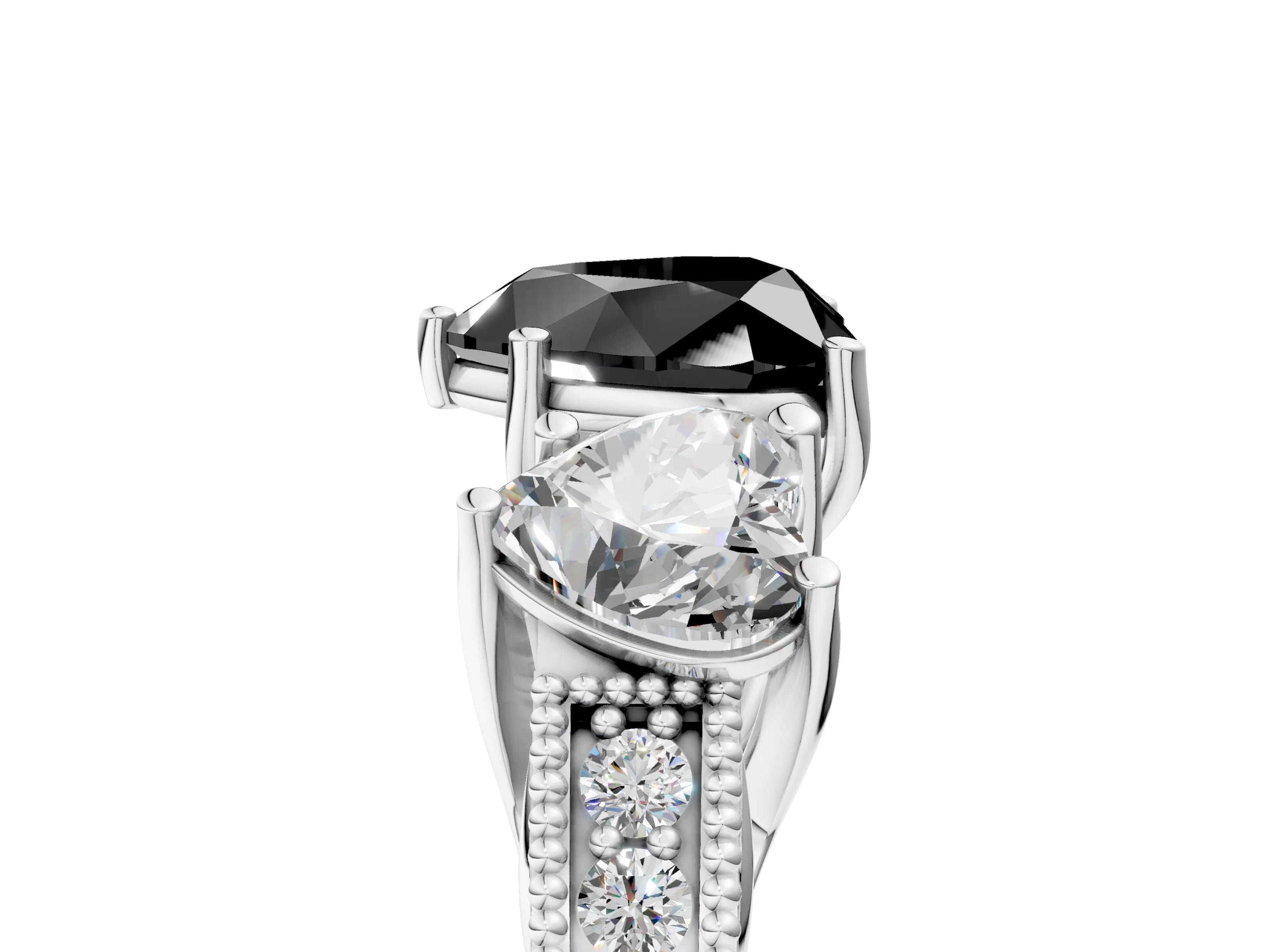 White gold Three-Stone Fancy Black Heart Cut Cut Milgrain Pavé Engagement Ring_5