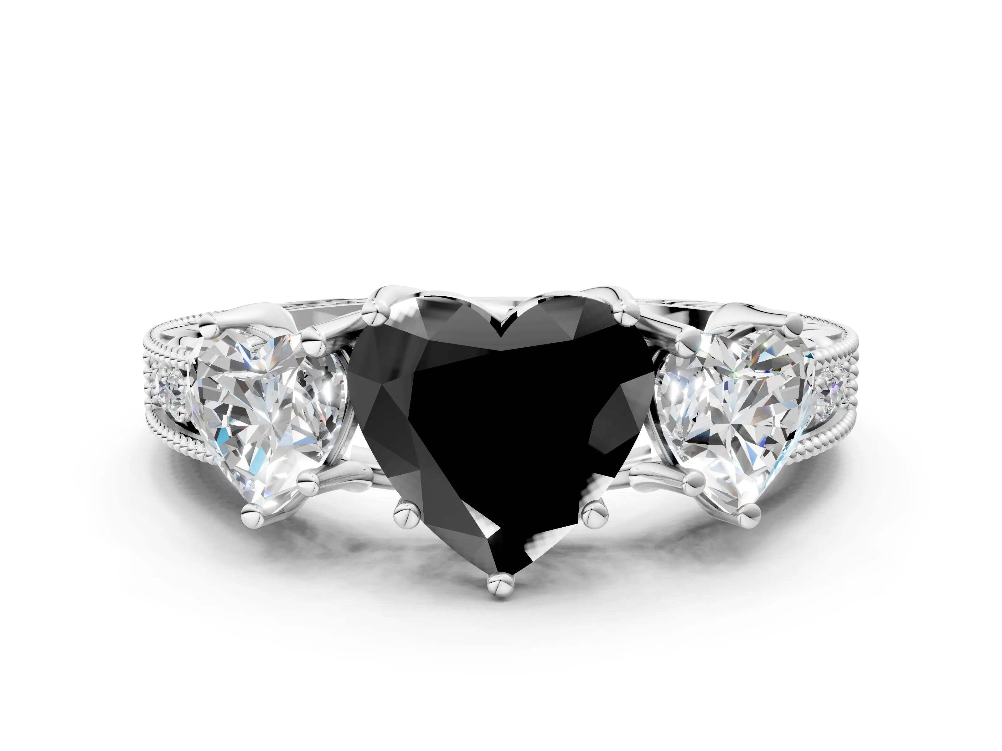 White gold Three-Stone Fancy Black Heart Cut Cut Milgrain Pavé Engagement Ring
