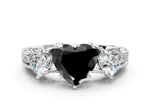 White gold Three-Stone Fancy Black Heart Cut Cut Milgrain Pavé Engagement Ring