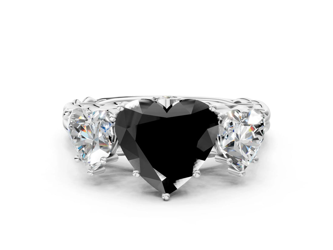 White gold Three-Stone Fancy Black Heart Cut Diamond Braided Band Ring with Four-Prong Setting_12