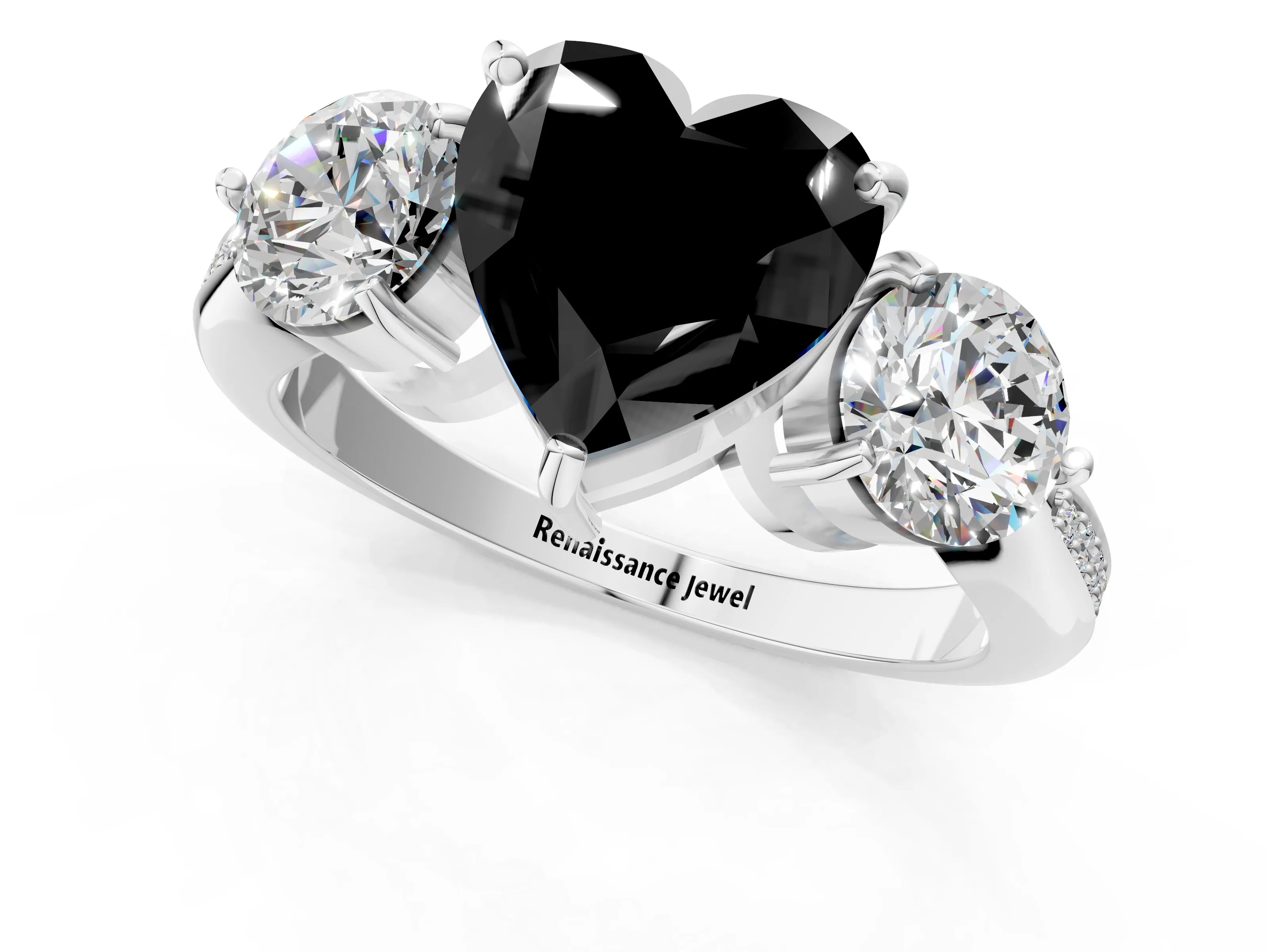 White gold Three-Stone Fancy Black Heart Cut Diamond Channel Set Engagement Ring with Prong Setting_13