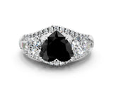 White gold Three-Stone Fancy Black Heart Cut Diamond Engagement Ring with Pave Band and Prong Setting