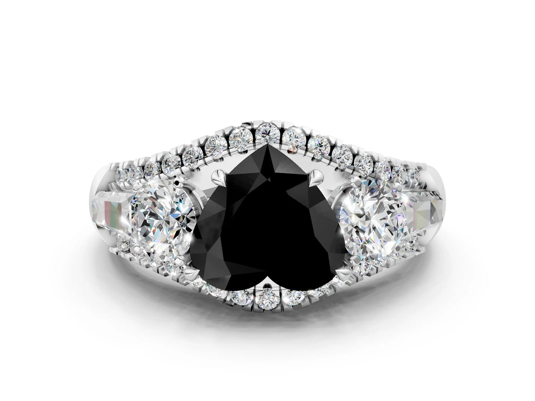 White gold Three-Stone Fancy Black Heart Cut Diamond Engagement Ring with Pave Band and Prong Setting_12