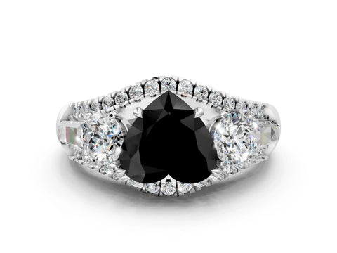 White gold Three-Stone Fancy Black Heart Cut Diamond Engagement Ring with Pave Band and Prong Setting_12