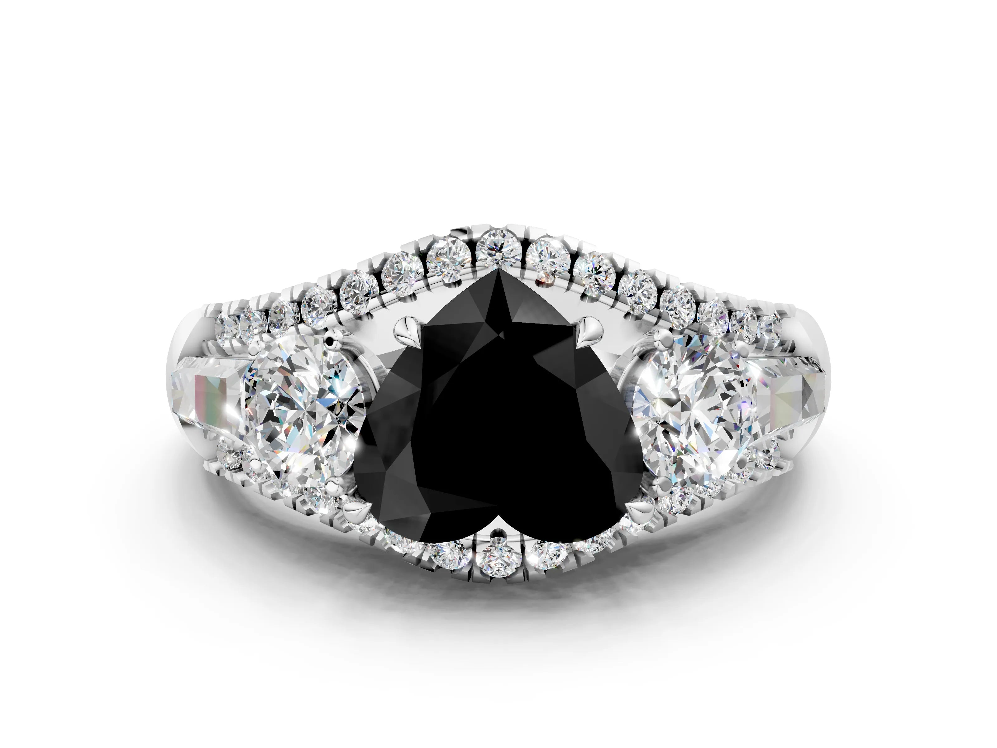 White gold Three-Stone Fancy Black Heart Cut Diamond Engagement Ring with Pave Band and Prong Setting_12