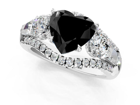 White gold Three-Stone Fancy Black Heart Cut Diamond Engagement Ring with Pave Band and Prong Setting_13