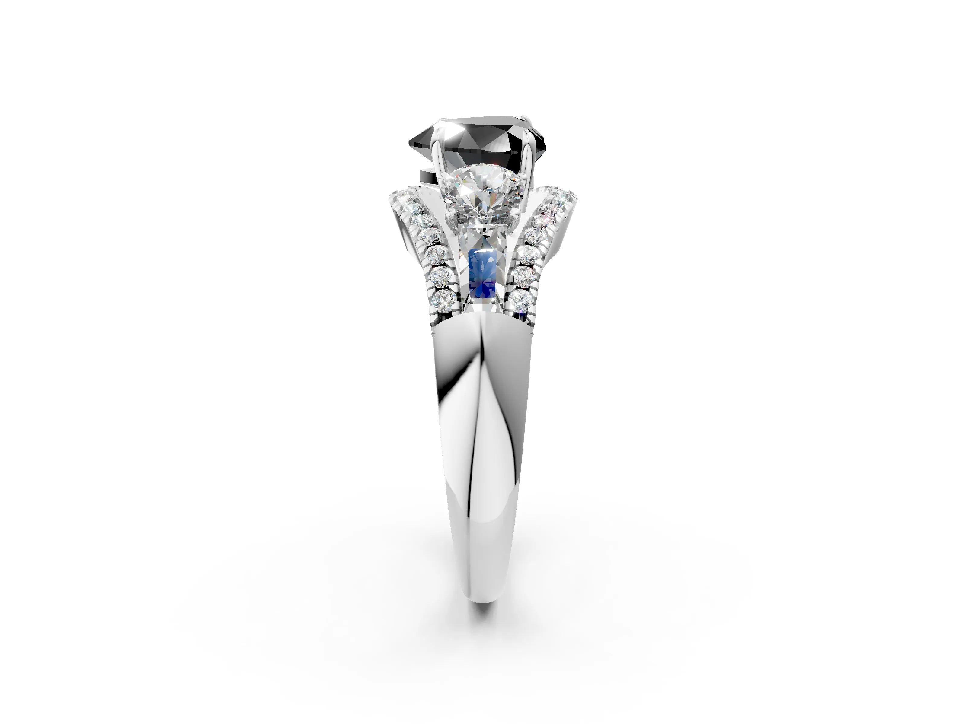 White gold Three-Stone Fancy Black Heart Cut Diamond Engagement Ring with Pave Band and Prong Setting_14