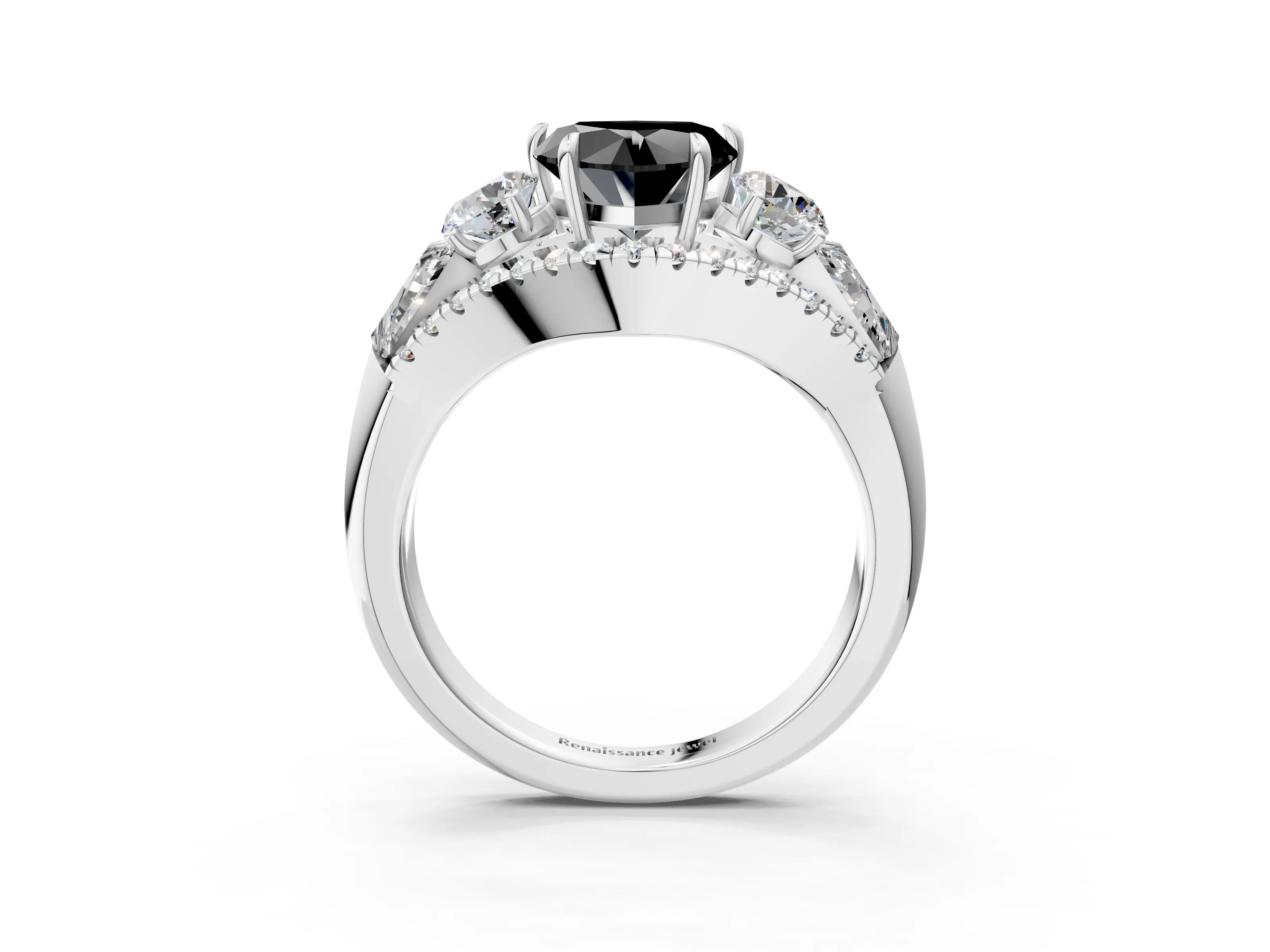 White gold Three-Stone Fancy Black Heart Cut Diamond Engagement Ring with Pave Band and Prong Setting_15