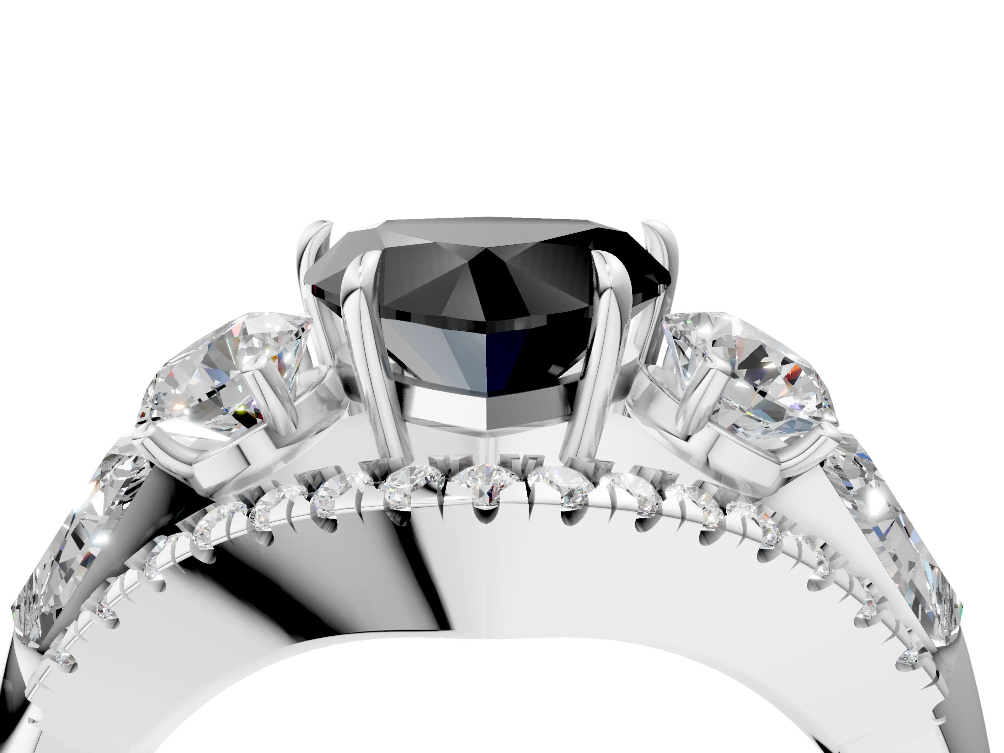 White gold Three-Stone Fancy Black Heart Cut Diamond Engagement Ring with Pave Band and Prong Setting_16