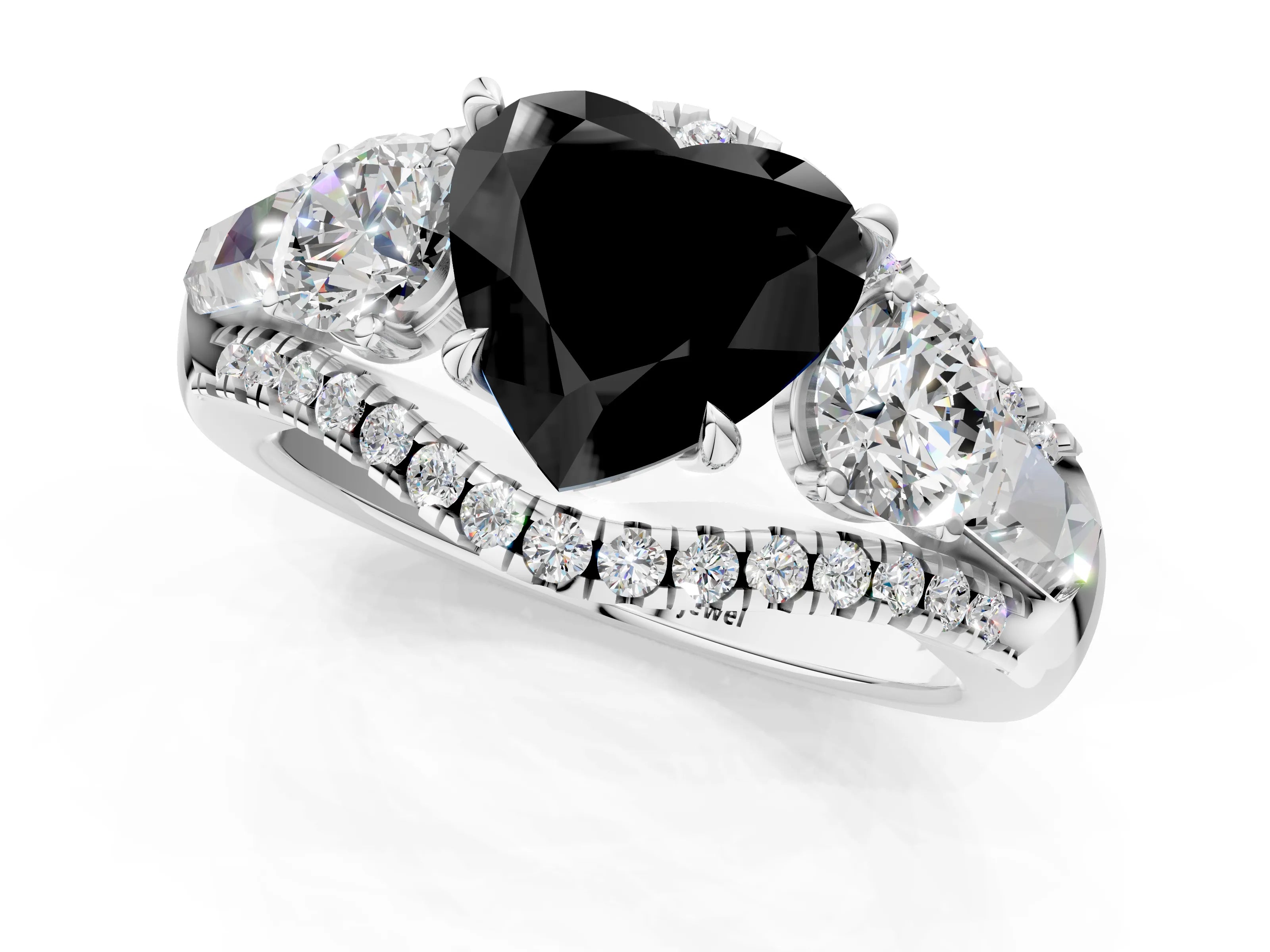 White gold Three-Stone Fancy Black Heart Cut Diamond Engagement Ring with Pave Band and Prong Setting_1