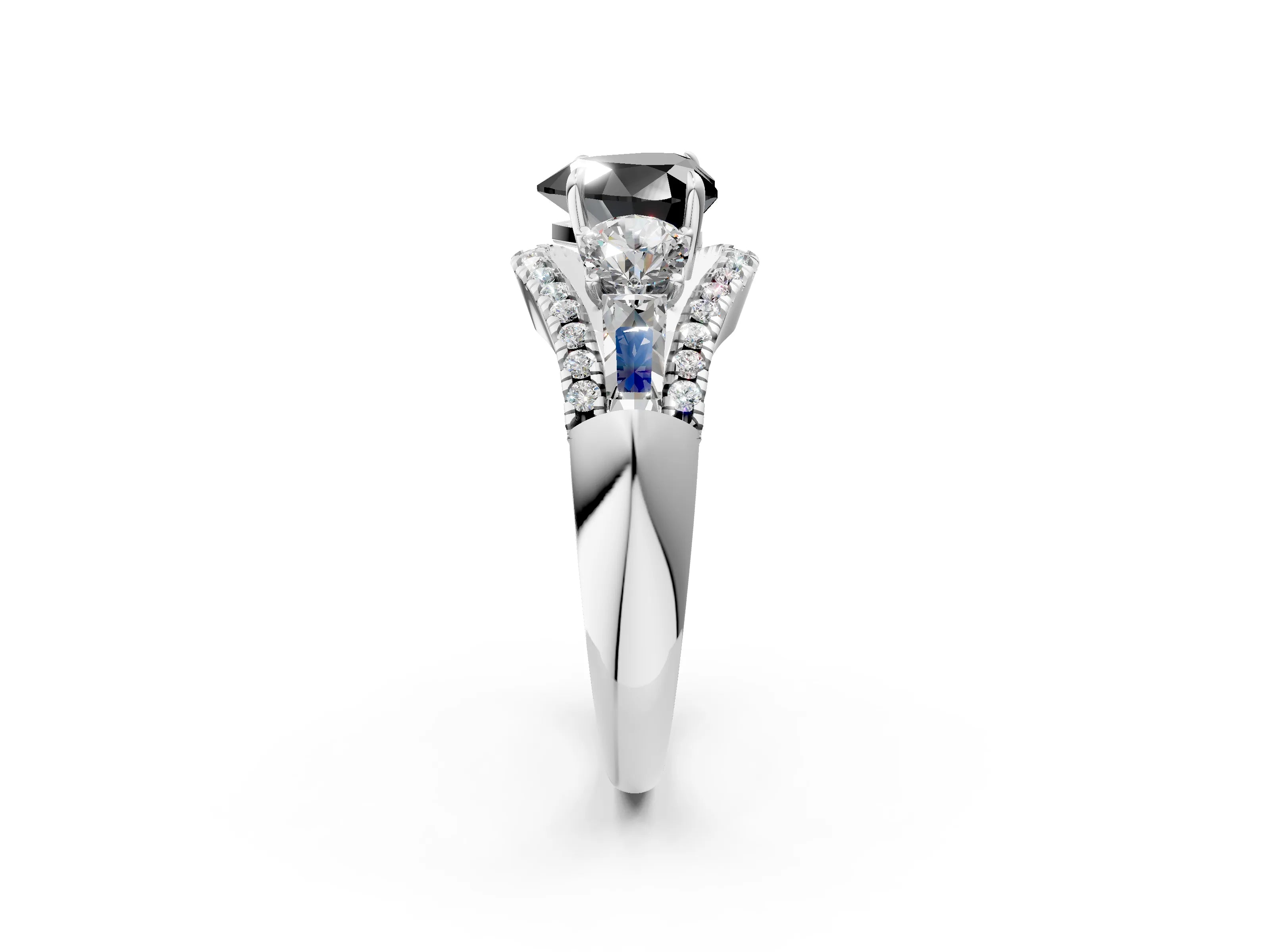 White gold Three-Stone Fancy Black Heart Cut Diamond Engagement Ring with Pave Band and Prong Setting_2