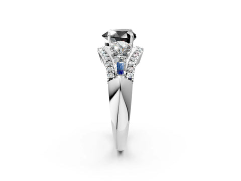 White gold Three-Stone Fancy Black Heart Cut Diamond Engagement Ring with Pave Band and Prong Setting_2