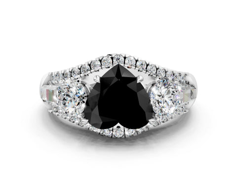White gold Three-Stone Fancy Black Heart Cut Diamond Engagement Ring with Pave Band and Prong Setting
