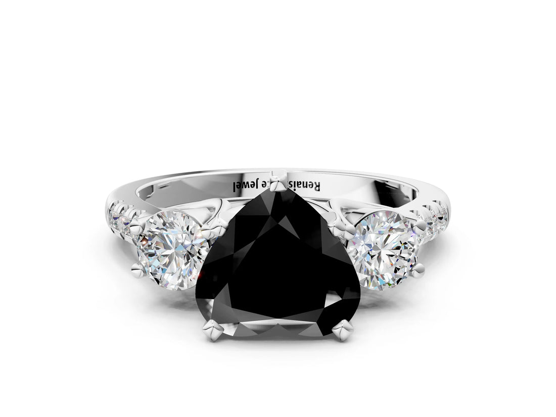 White gold Three-Stone Fancy Black Heart Cut Diamond Pavé Band with Four-Prong Setting
