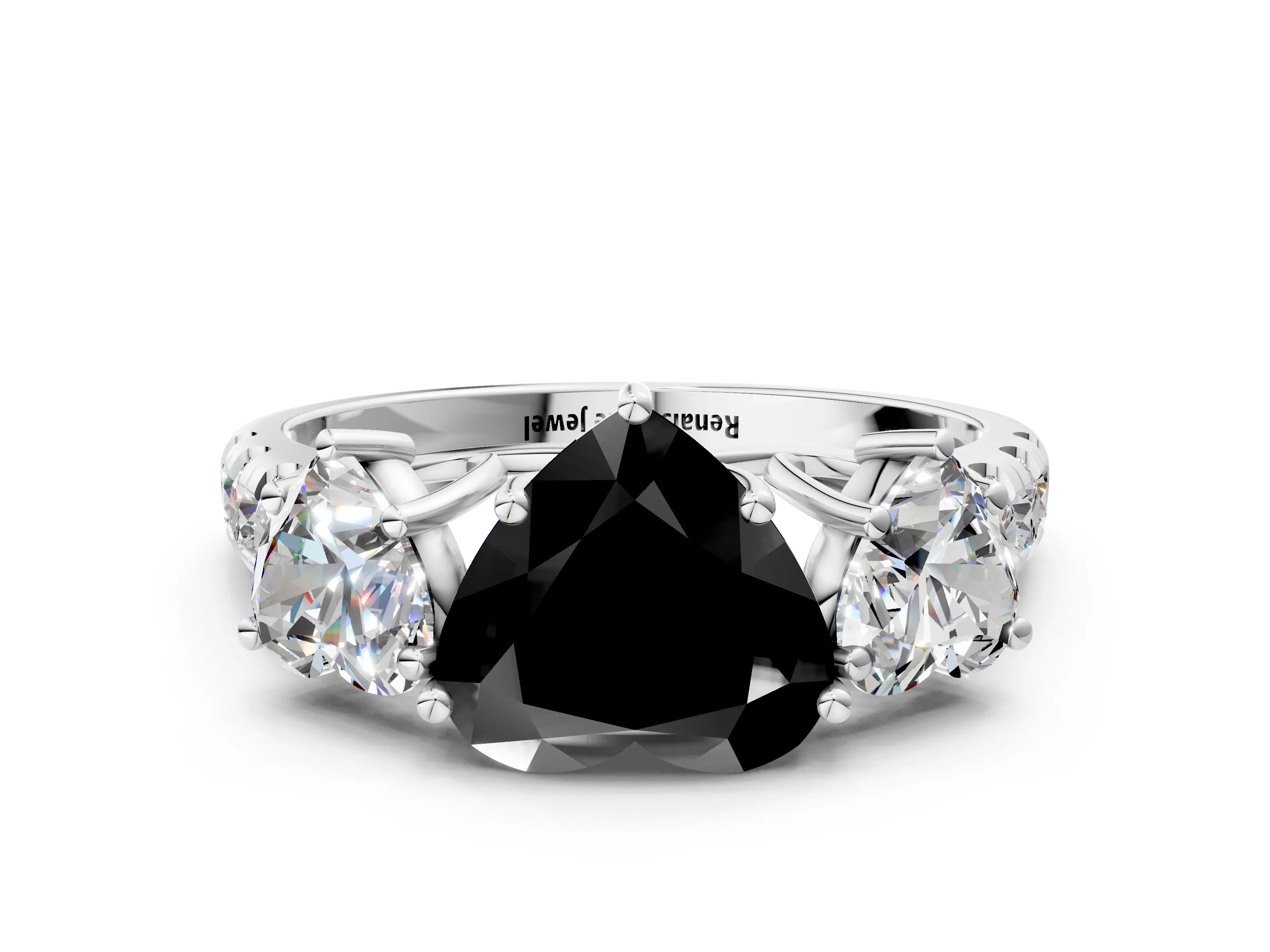 White gold Three-Stone Fancy Black Heart Cut Diamond Pavé Band with Prong Setting
