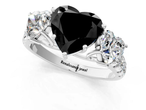 White gold Three-Stone Fancy Black Heart Cut Diamond Pavé Band with Prong Setting_1