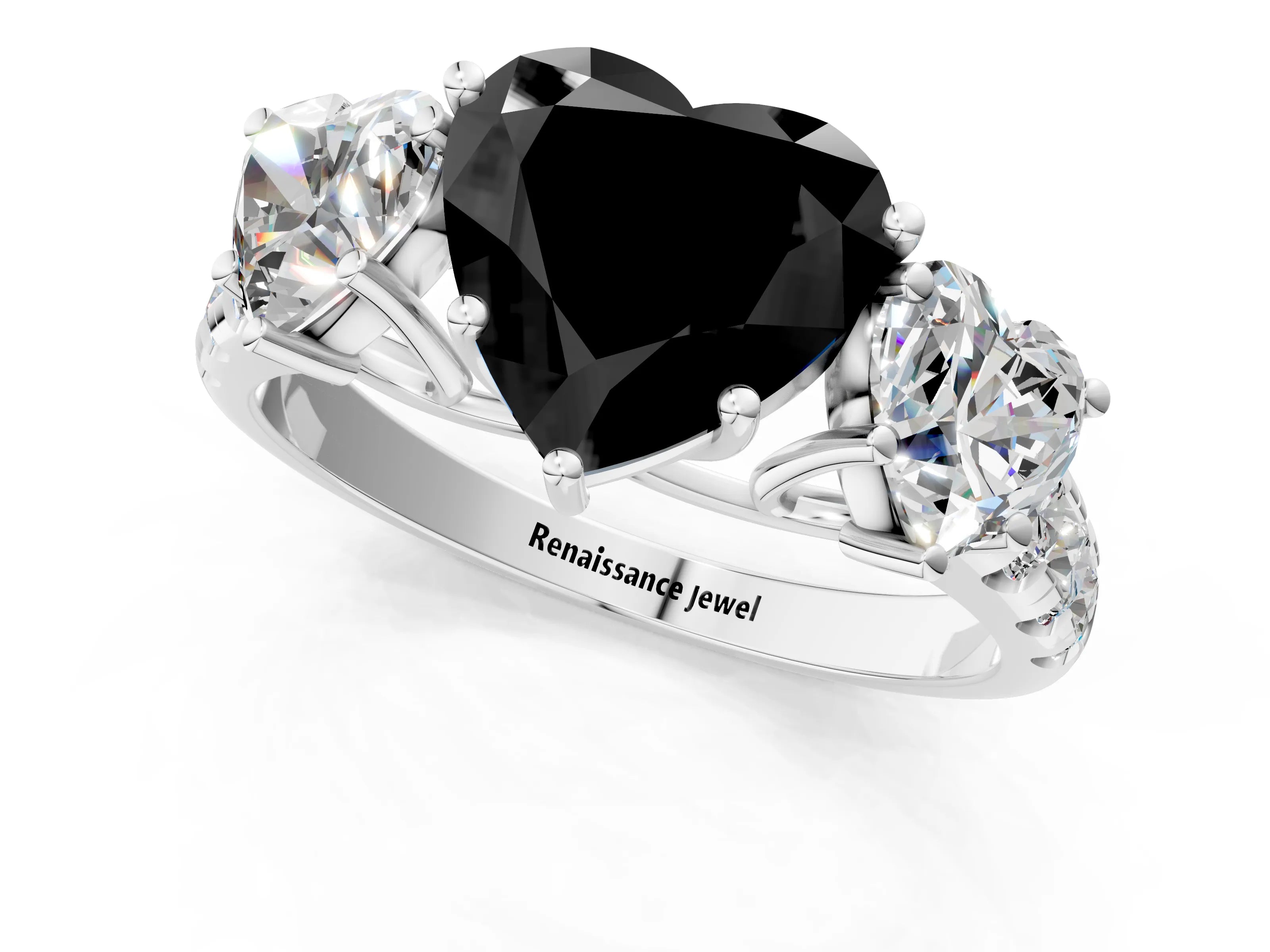White gold Three-Stone Fancy Black Heart Cut Diamond Pavé Band with Prong Setting_1