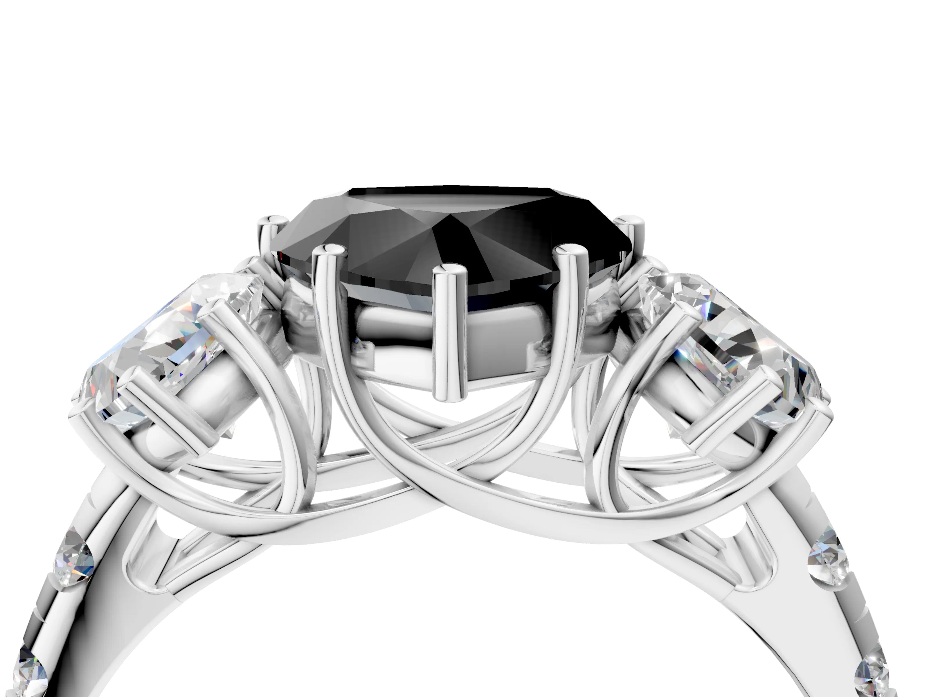 White gold Three-Stone Fancy Black Heart Cut Diamond Pavé Band with Prong Setting_4