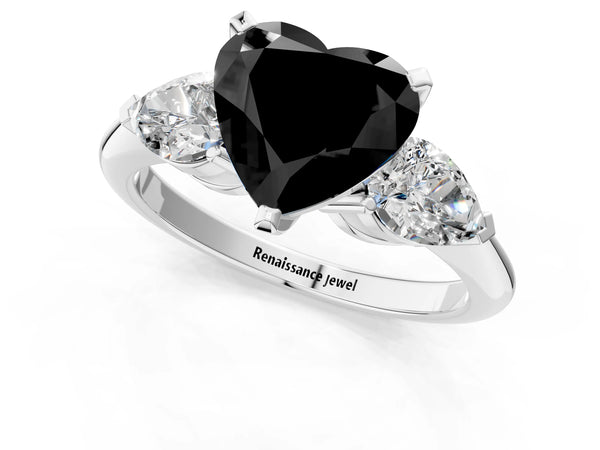 Platinum Heart-Shaped Three Stone Engagement Ring Setting for Black Center with Pear Side Stones