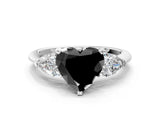 White gold Three-Stone Fancy Black Heart Cut Diamond Ring with Pear Side Stones and Four-Prong Setting