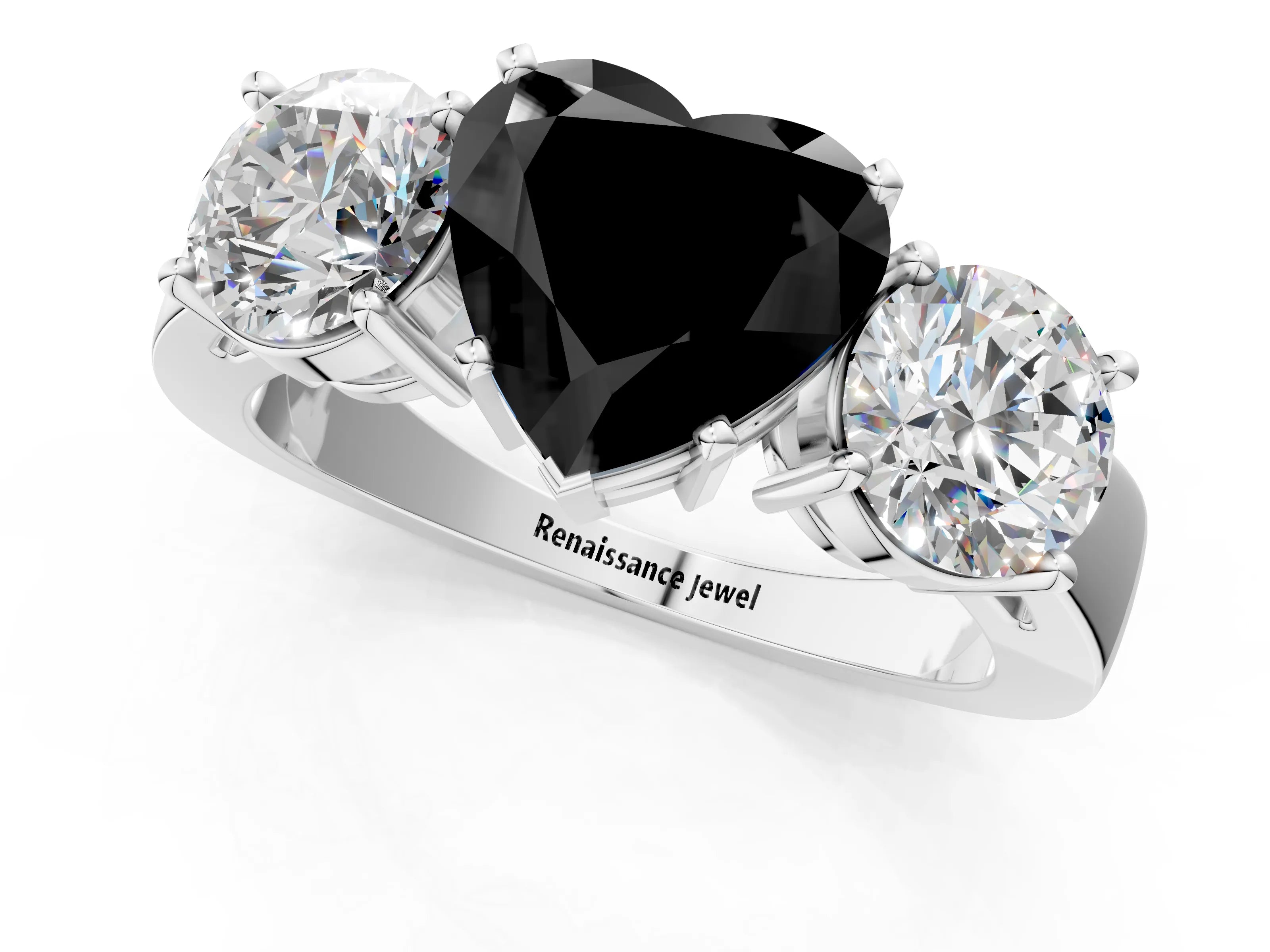 White gold Three-Stone Fancy Black Heart Cut Diamond Ring with Round Side Stones, Classic Band, and Four-Prong Setting_1
